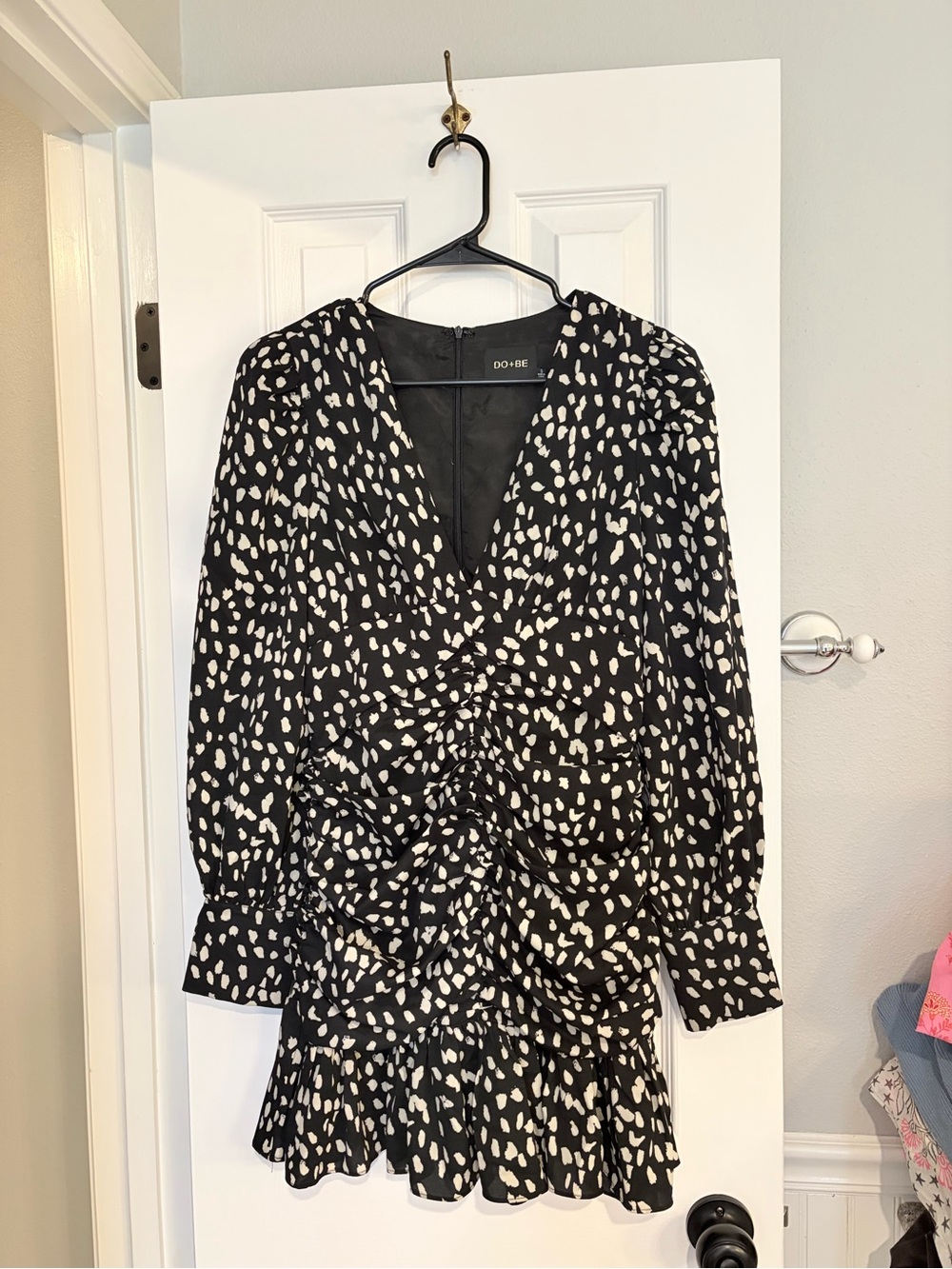 DO+BE Polka Dot Ruched Mini Dress Long Sleeve Black White Small
